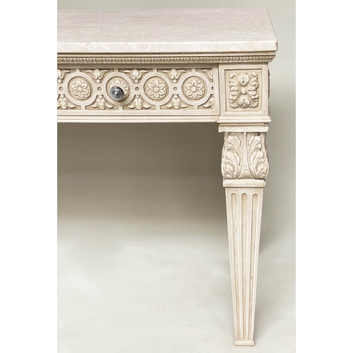 94 - CONSOLE TABLE, Italian grey painted Neo Classical style with fluted tapering supports, 151cm W x 79c... 