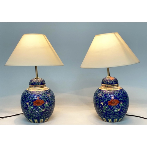 95 - TABLE LAMPS, a pair, Moorish inspired glazed ginger jar form with shades, 53cm H. (2)