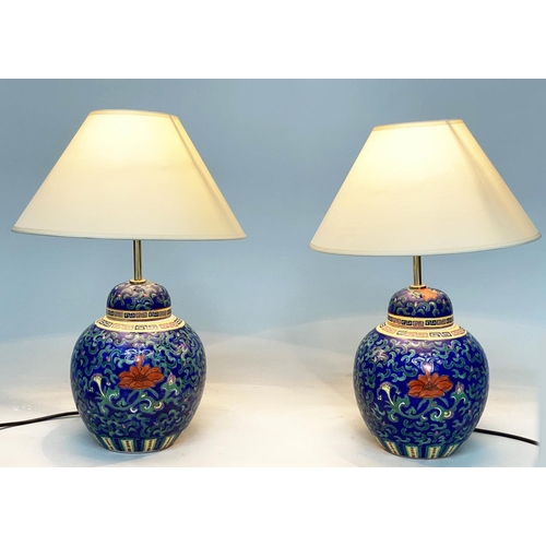 95 - TABLE LAMPS, a pair, Moorish inspired glazed ginger jar form with shades, 53cm H. (2)