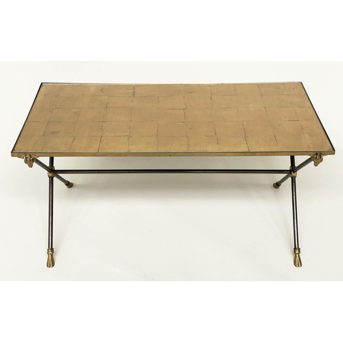 98 - COFFEE TABLE, 1970s Italian rectangular gold leaf squared top on 'X' polished metal supports, 85cm x... 