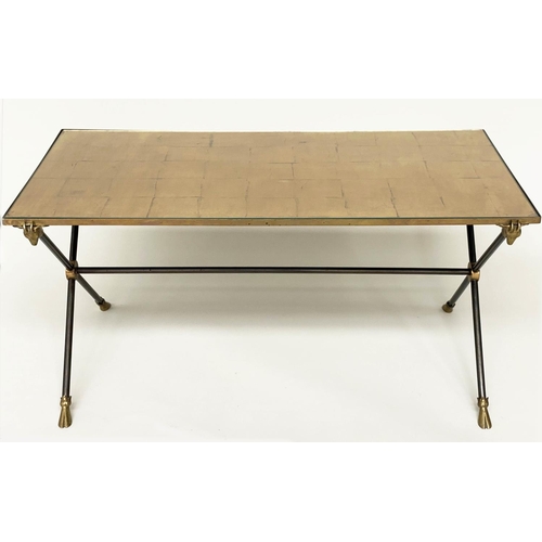 98 - COFFEE TABLE, 1970s Italian rectangular gold leaf squared top on 'X' polished metal supports, 85cm x... 