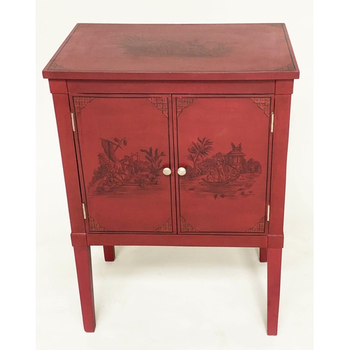 99 - CHINESE CABINET, scarlet lacquered and Chinoiserie decorated with two panel doors and stile supports... 