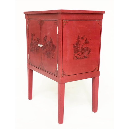 99 - CHINESE CABINET, scarlet lacquered and Chinoiserie decorated with two panel doors and stile supports... 