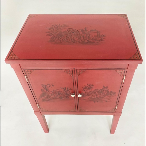 99 - CHINESE CABINET, scarlet lacquered and Chinoiserie decorated with two panel doors and stile supports... 