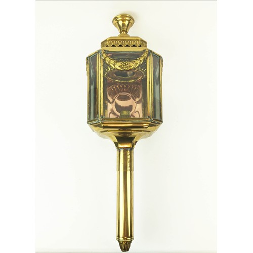 15 - A 19TH/EARLY 20TH CENTURY CARRIAGE LANTERN, brass, electrified, glazed sides.