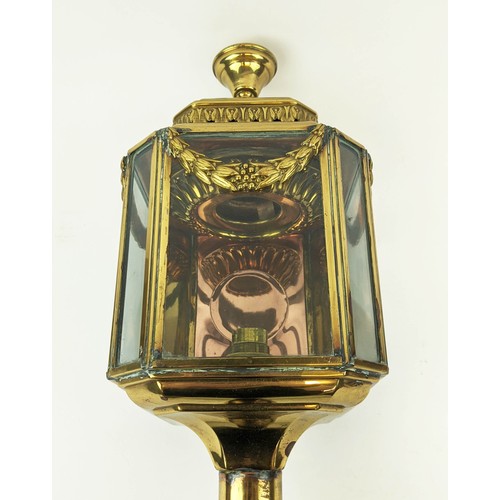 15 - A 19TH/EARLY 20TH CENTURY CARRIAGE LANTERN, brass, electrified, glazed sides.