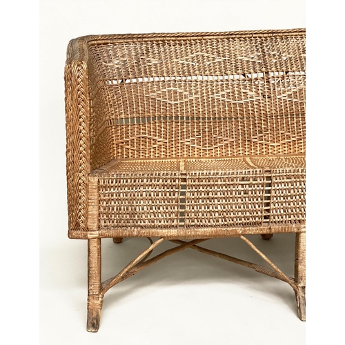 101 - HALL SOFA/BENCH, early 20th century vintage rattan frame and cane woven with pierced decoration and ... 