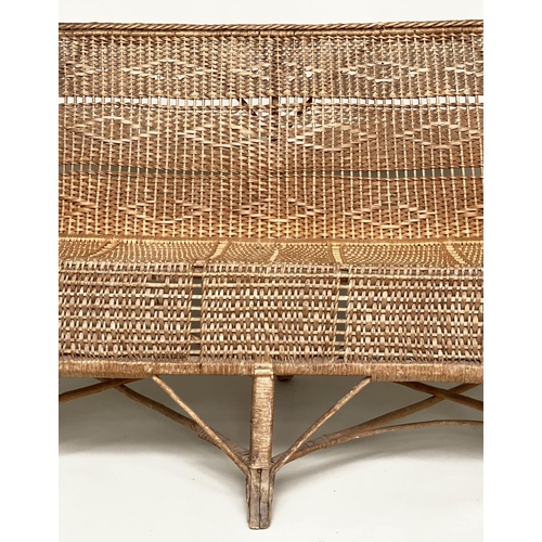 101 - HALL SOFA/BENCH, early 20th century vintage rattan frame and cane woven with pierced decoration and ... 