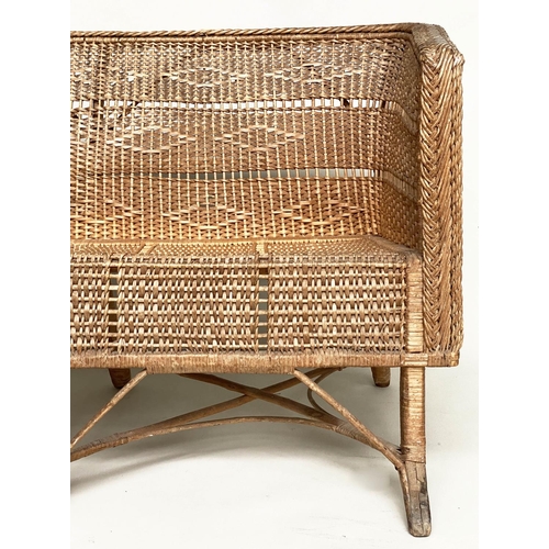 101 - HALL SOFA/BENCH, early 20th century vintage rattan frame and cane woven with pierced decoration and ... 