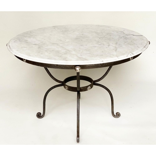 103 - CIRCULAR/CENTRE TABLE, circular veined/striated white marble top, raised on wrought iron base, 73cm ... 