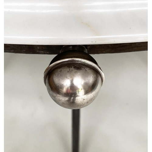 103 - CIRCULAR/CENTRE TABLE, circular veined/striated white marble top, raised on wrought iron base, 73cm ... 