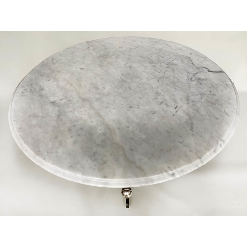 103 - CIRCULAR/CENTRE TABLE, circular veined/striated white marble top, raised on wrought iron base, 73cm ... 