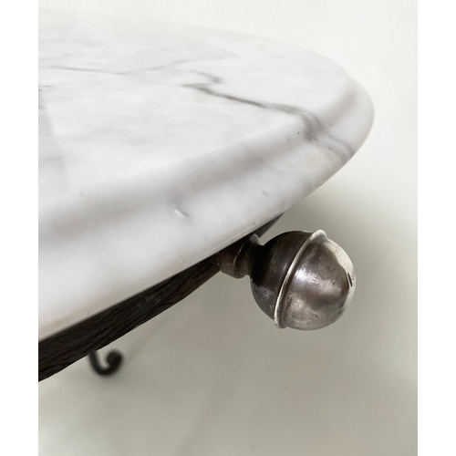 103 - CIRCULAR/CENTRE TABLE, circular veined/striated white marble top, raised on wrought iron base, 73cm ... 