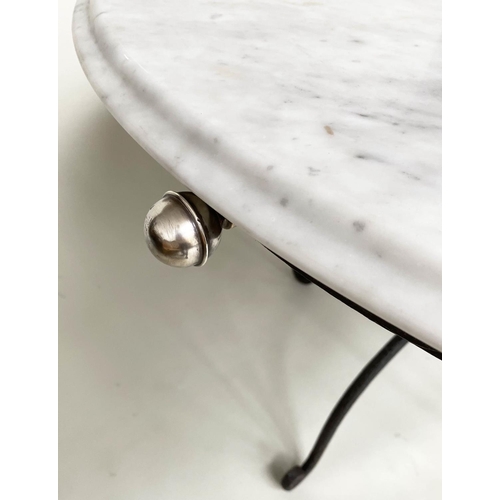 103 - CIRCULAR/CENTRE TABLE, circular veined/striated white marble top, raised on wrought iron base, 73cm ... 