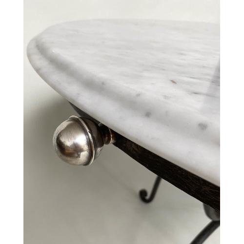 103 - CIRCULAR/CENTRE TABLE, circular veined/striated white marble top, raised on wrought iron base, 73cm ... 