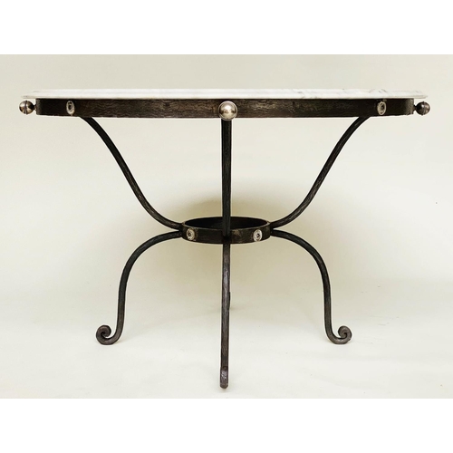 103 - CIRCULAR/CENTRE TABLE, circular veined/striated white marble top, raised on wrought iron base, 73cm ... 