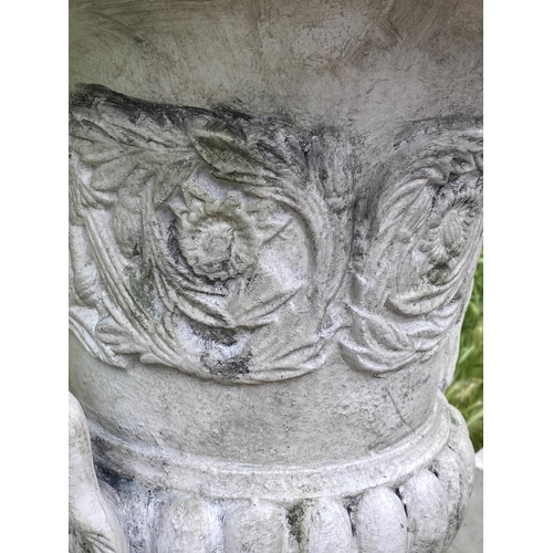 108 - GARDEN URNS, a pair, cast iron of campana form on square stepped plinths, 46cm W x 90cm H. (2)
