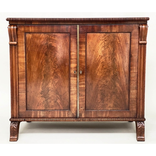 113 - REGENCY SIDE CABINET, flame mahogany and beaded with two panelled doors and splay front supports, 91... 