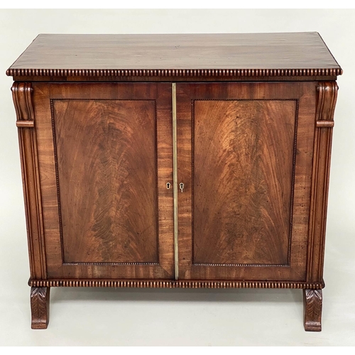 113 - REGENCY SIDE CABINET, flame mahogany and beaded with two panelled doors and splay front supports, 91... 