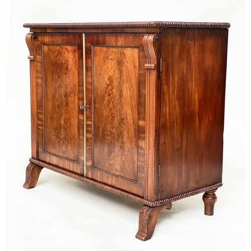 113 - REGENCY SIDE CABINET, flame mahogany and beaded with two panelled doors and splay front supports, 91... 