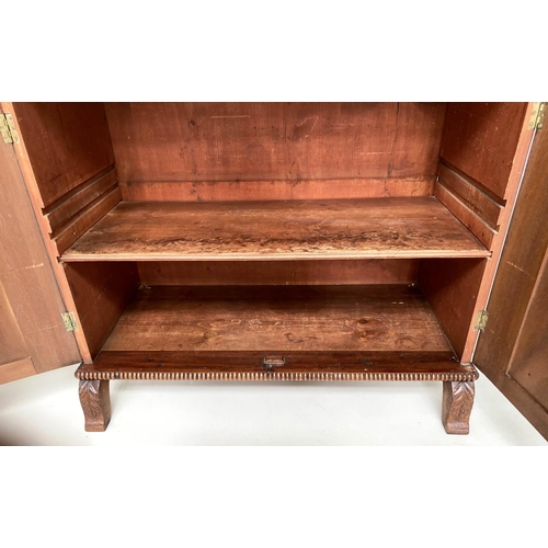 113 - REGENCY SIDE CABINET, flame mahogany and beaded with two panelled doors and splay front supports, 91... 