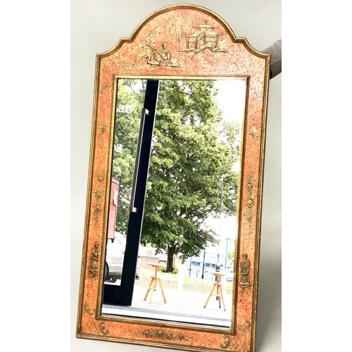 116 - WALL MIRROR, arched rectangular with antiqued gilded Chinoiserie scarlet decorated frame, 120cm H x ... 