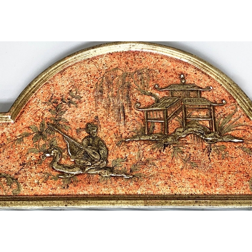 116 - WALL MIRROR, arched rectangular with antiqued gilded Chinoiserie scarlet decorated frame, 120cm H x ... 