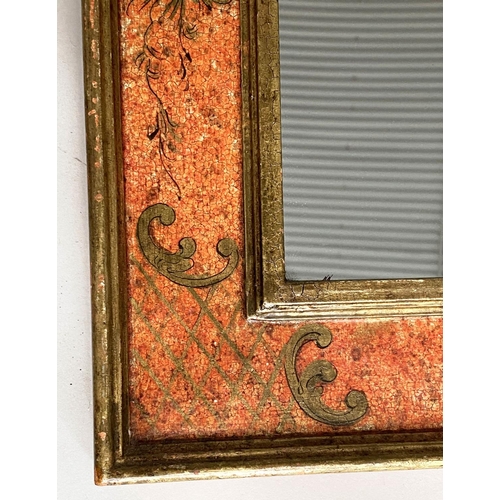 116 - WALL MIRROR, arched rectangular with antiqued gilded Chinoiserie scarlet decorated frame, 120cm H x ... 