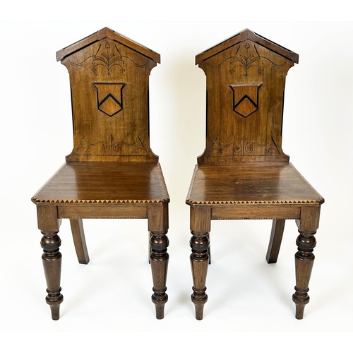 133 - HALL CHAIRS, a pair, Victorian oak, ebonised and dog tooth inlaid with shield moulded backs. (2)