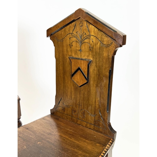 133 - HALL CHAIRS, a pair, Victorian oak, ebonised and dog tooth inlaid with shield moulded backs. (2)