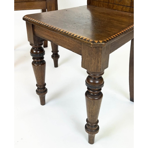 133 - HALL CHAIRS, a pair, Victorian oak, ebonised and dog tooth inlaid with shield moulded backs. (2)