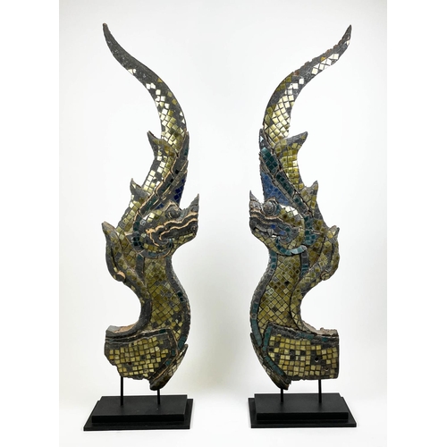 25 - CHOFAS, a pair, Southeast Asian carved wood with mirrored mosaic decoration, 160cm H. (2)