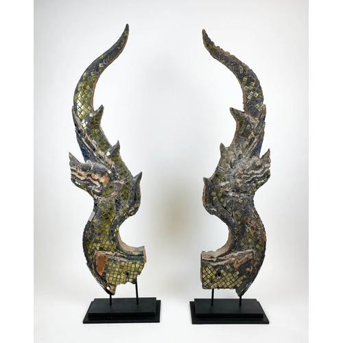 25 - CHOFAS, a pair, Southeast Asian carved wood with mirrored mosaic decoration, 160cm H. (2)