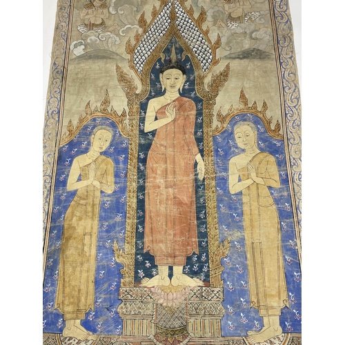 26 - THAI SCROLL DEPICTING BUDDHA AND HIS DISCIPLES, hand painted with two celestial hermits to the top, ... 