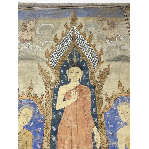 26 - THAI SCROLL DEPICTING BUDDHA AND HIS DISCIPLES, hand painted with two celestial hermits to the top, ... 