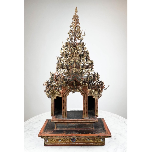 27 - THAI BUDDHIST SHRINE, ornately carved wood with mirrored and gilt painted decoration, 77cm H x 37cm ... 