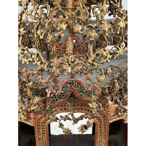 27 - THAI BUDDHIST SHRINE, ornately carved wood with mirrored and gilt painted decoration, 77cm H x 37cm ... 