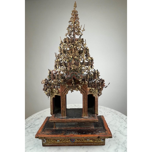 27 - THAI BUDDHIST SHRINE, ornately carved wood with mirrored and gilt painted decoration, 77cm H x 37cm ... 