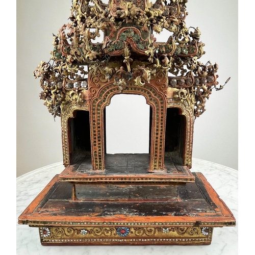 27 - THAI BUDDHIST SHRINE, ornately carved wood with mirrored and gilt painted decoration, 77cm H x 37cm ... 