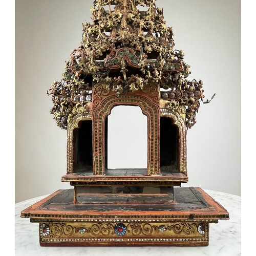 27 - THAI BUDDHIST SHRINE, ornately carved wood with mirrored and gilt painted decoration, 77cm H x 37cm ... 