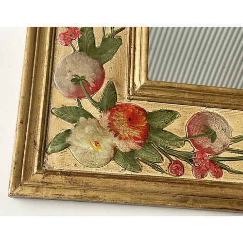 90 - FLORA WALL MIRROR, rectangular broad framed gilt and flower painted frame, 127cm H x 96cm W.