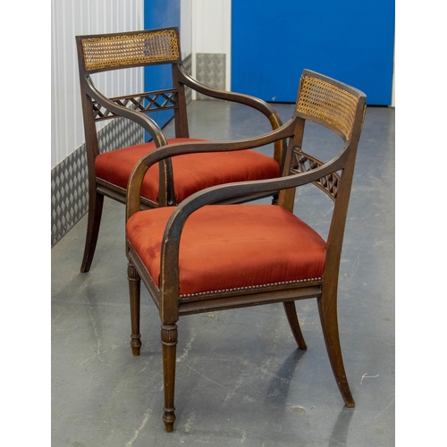 135 - OPEN ARMCHAIRS, pair, Regency design, mahogany, canework backs, lattice crossbars, red upholstered s... 