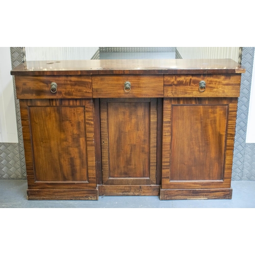 147 - SIDEBOARD, 40cm D x 91cm H x 142cm W, Regency mahogany with three drawers above three doors.