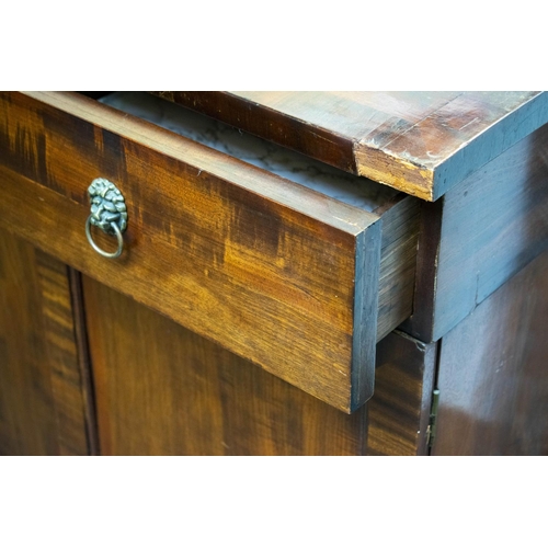 147 - SIDEBOARD, 40cm D x 91cm H x 142cm W, Regency mahogany with three drawers above three doors.