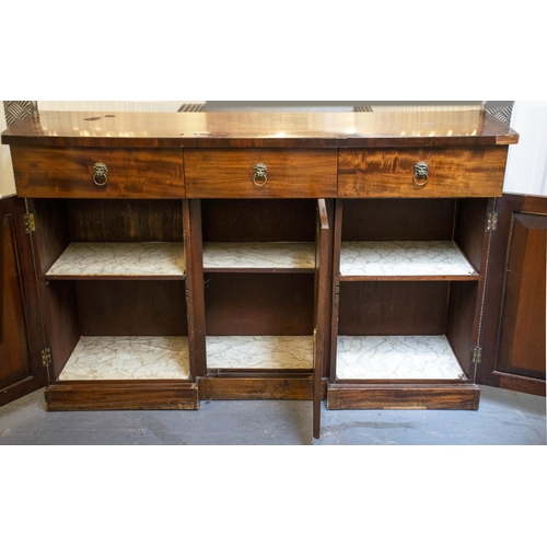 147 - SIDEBOARD, 40cm D x 91cm H x 142cm W, Regency mahogany with three drawers above three doors.