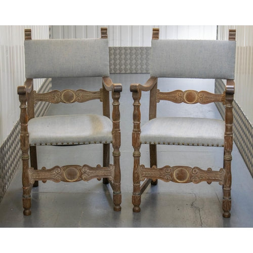 148 - DINING ARMCHAIRS, a set of eight, each 55cm W x 96cm H, early 20th century with blue/grey seats and ... 