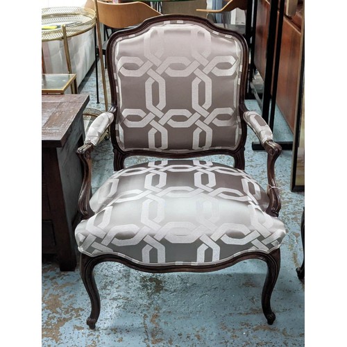 167 - BALZAROTTI PARIS FAUTEUILS, a pair, 69cm W x 96cm H Louis XV design with Lauren silk patterned uphol... 