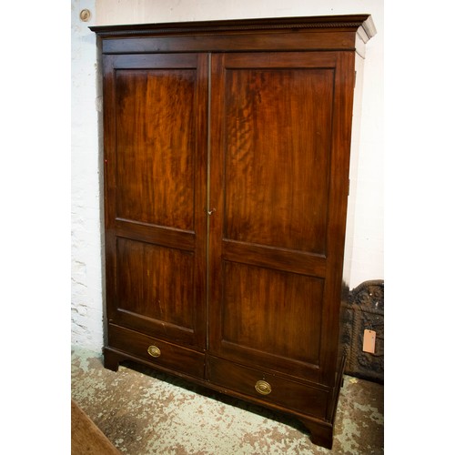 WARDROBE, 211cm H x 149cm W x 61cm D, George III mahogany with two doors and hanging rail above two drawers.