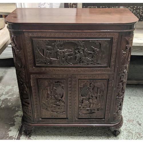 144 - CHINESE BAR, 104cm H x 91cm W 44cm D, with a rising lid and fall front heavily carved all over.