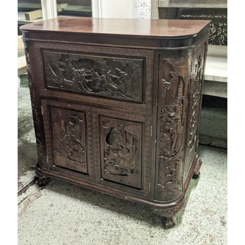 144 - CHINESE BAR, 104cm H x 91cm W 44cm D, with a rising lid and fall front heavily carved all over.